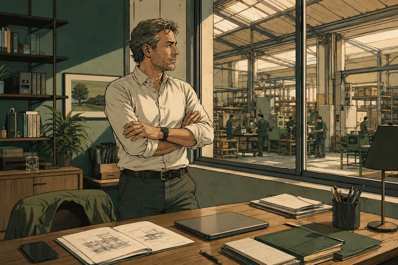 Un homme aux bras croisés devant la baie vitrée de son bureau, le regard porté sur l'atelier de production.