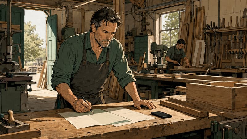 Un artisan en tablier, penché sur un plan posé sur son établi, dans son atelier de menuiserie.